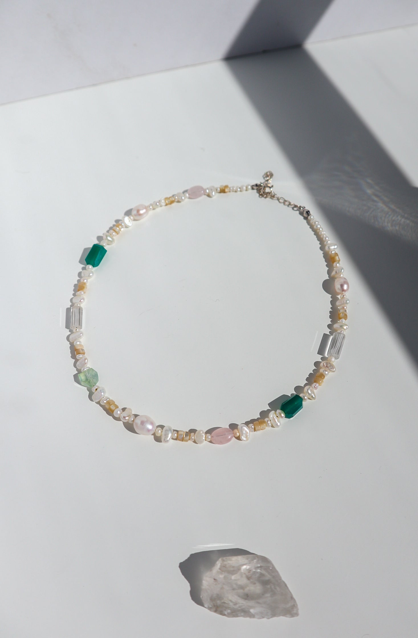 Green Onyx + Freshwater Pearl Beaded Silver Necklace image 4