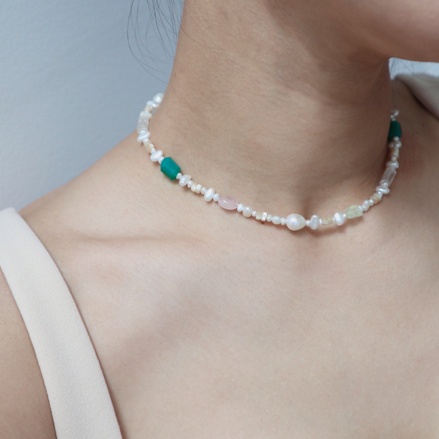 Green Onyx + Freshwater Pearl Beaded Silver Necklace image 1