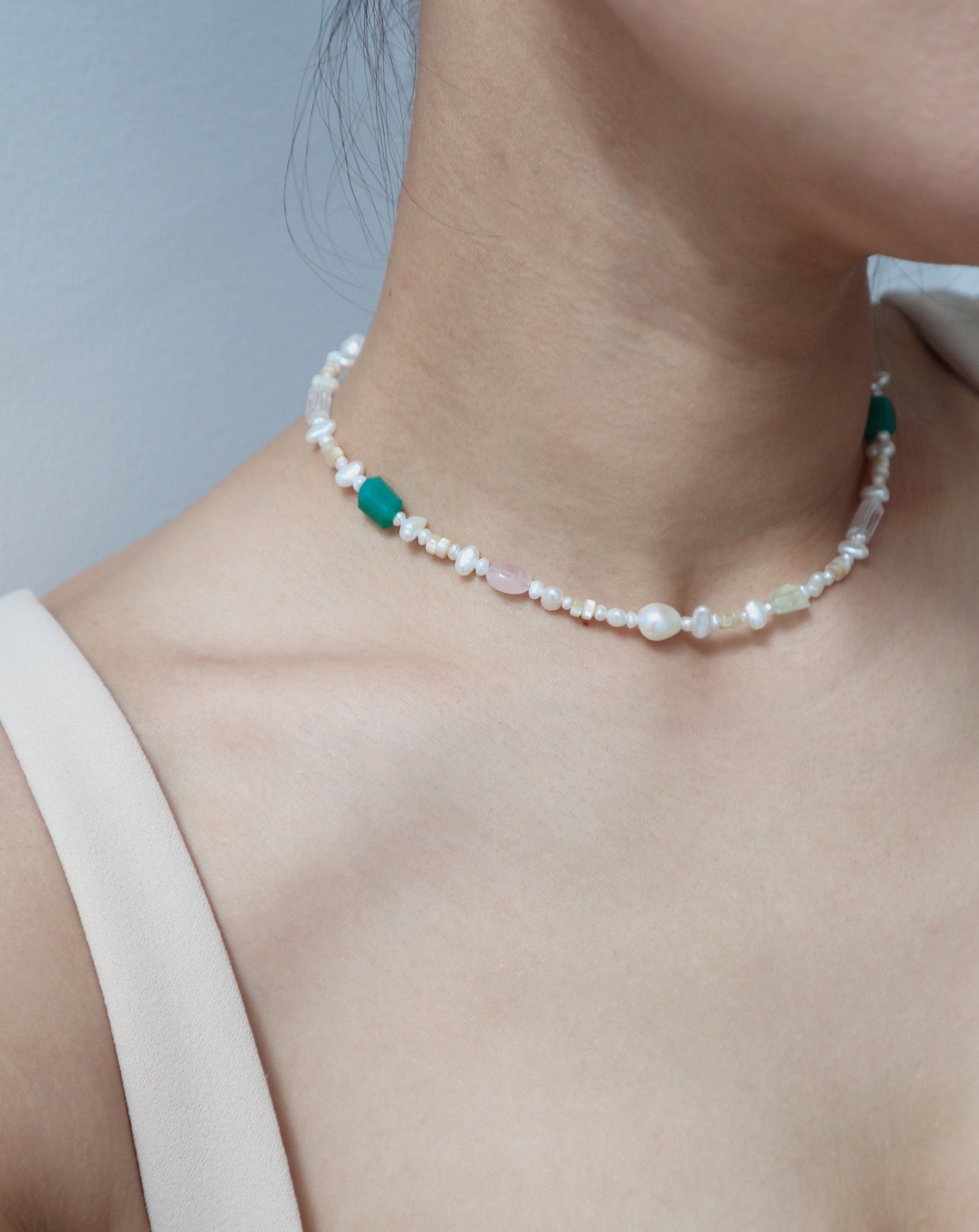 Green Onyx + Freshwater Pearl Beaded Silver Necklace image 1