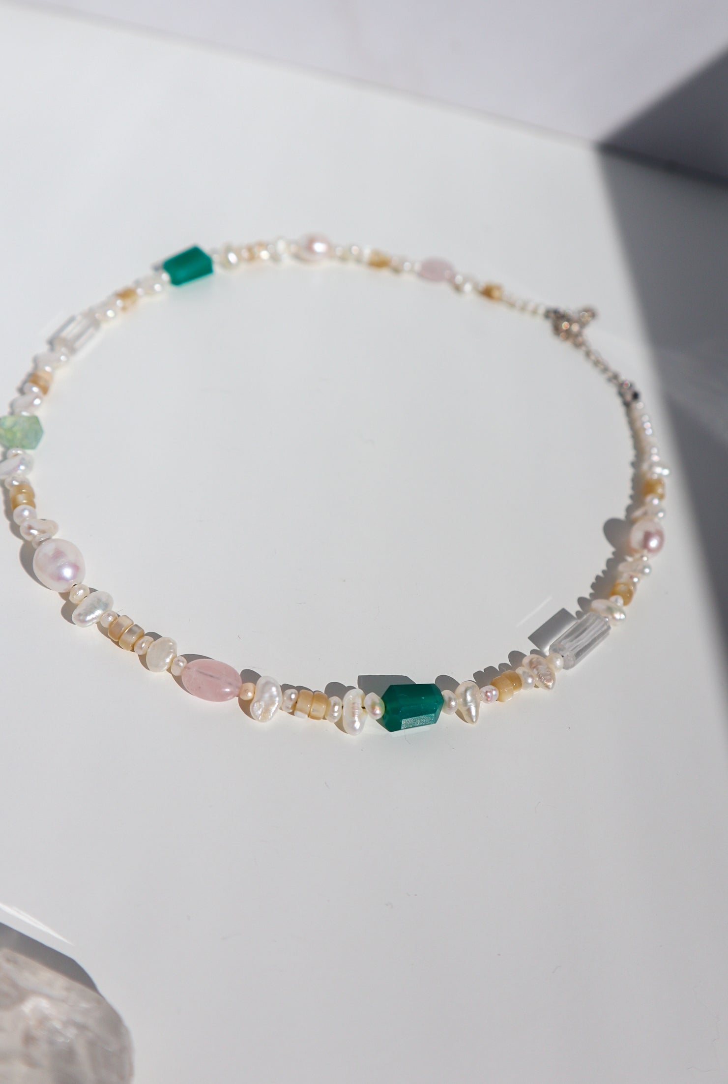 Green Onyx + Freshwater Pearl Beaded Silver Necklace image 3