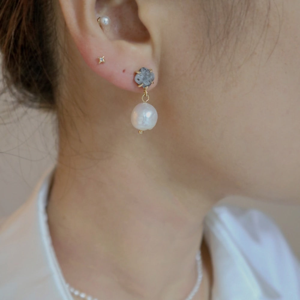 Labradorite Stud Pearl Drop Earrings image 1