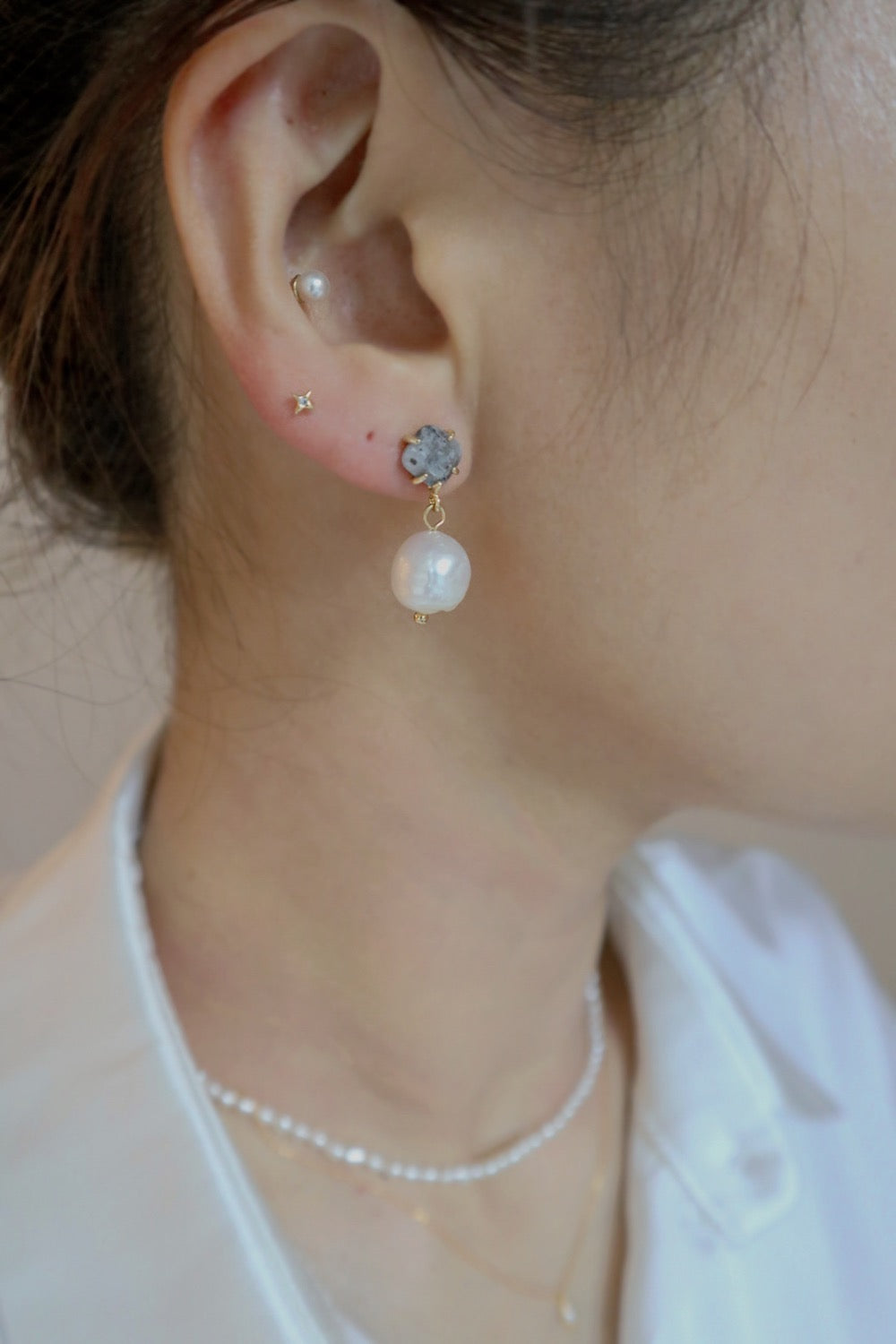 Labradorite Stud Pearl Drop Earrings image 1