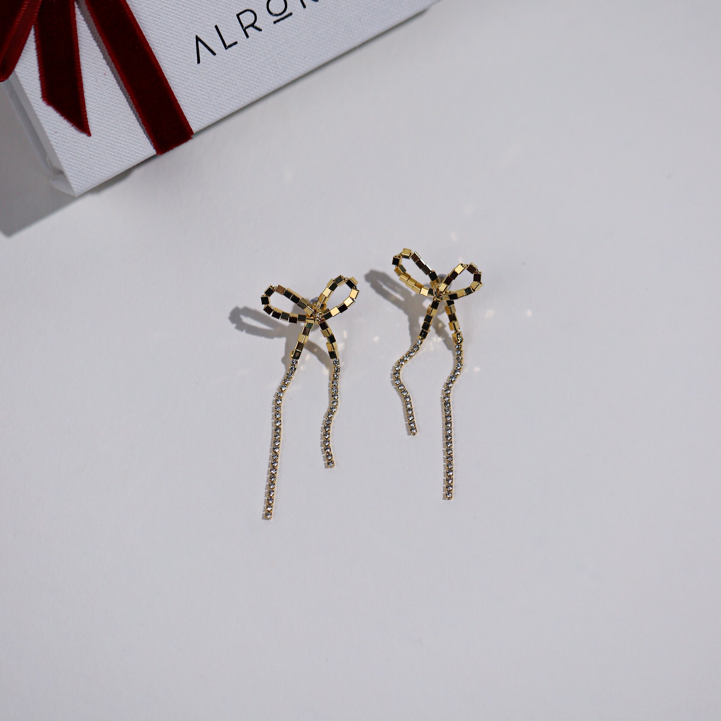 Square Beaded Bow Cubic Earrings