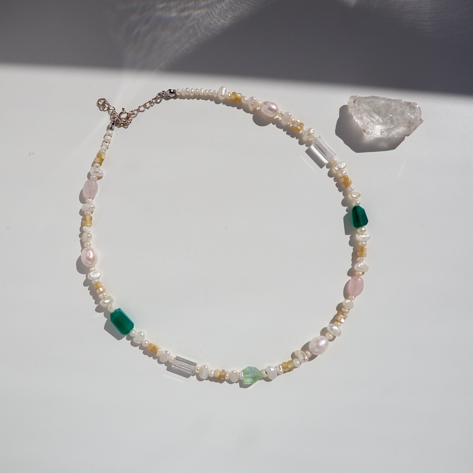 Green Onyx + Freshwater Pearl Beaded Silver Necklace image 0