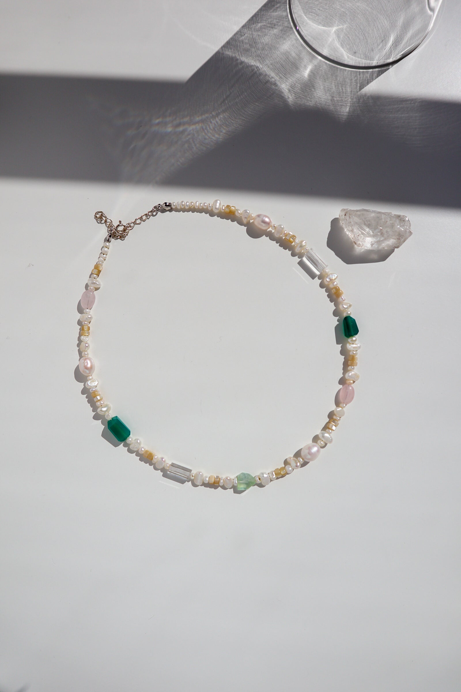 Green Onyx + Freshwater Pearl Beaded Silver Necklace image 0