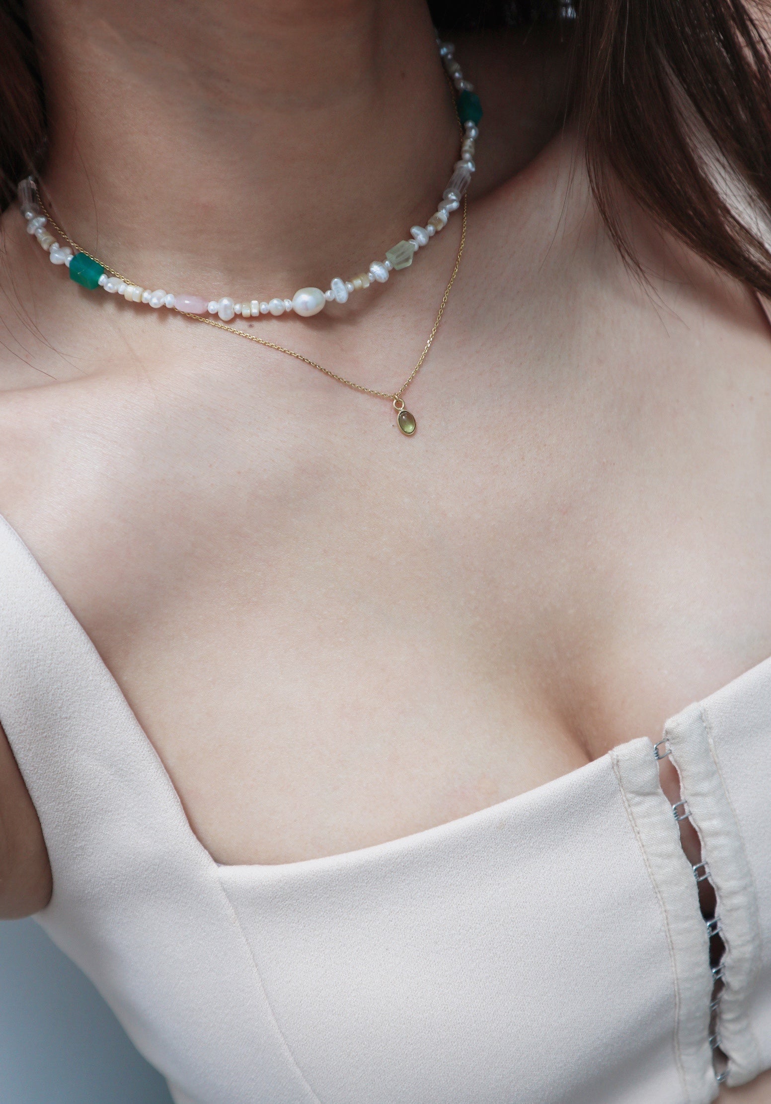 Green Onyx + Freshwater Pearl Beaded Silver Necklace image 6