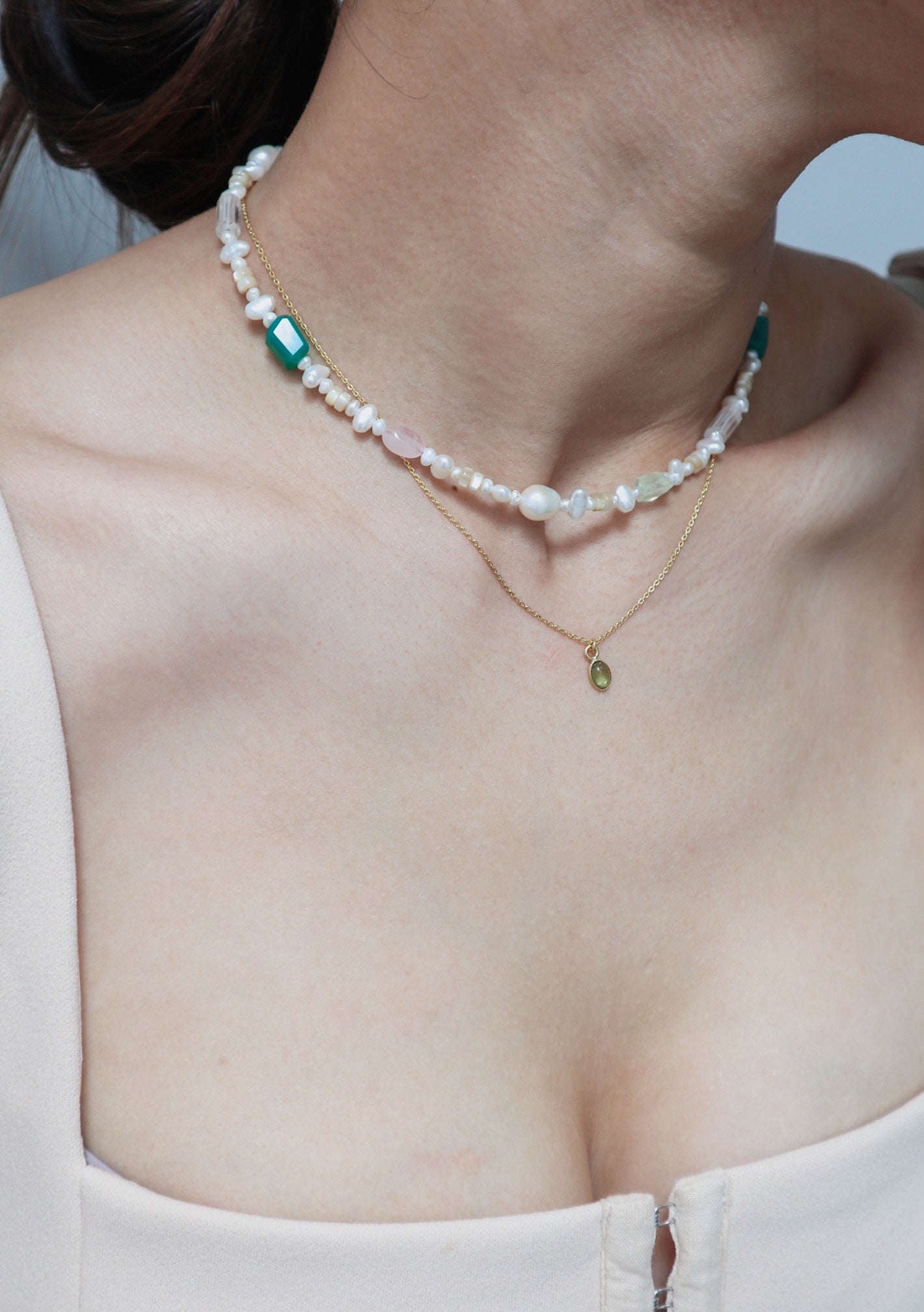 Green Onyx + Freshwater Pearl Beaded Silver Necklace image 7